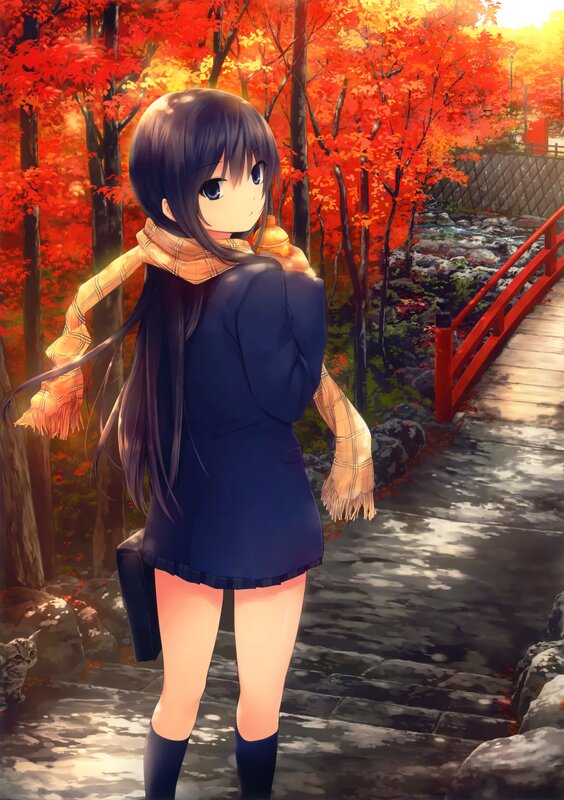 Anime girl in autumn forest