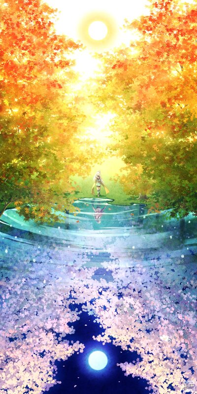 Anime girl in autumn forest