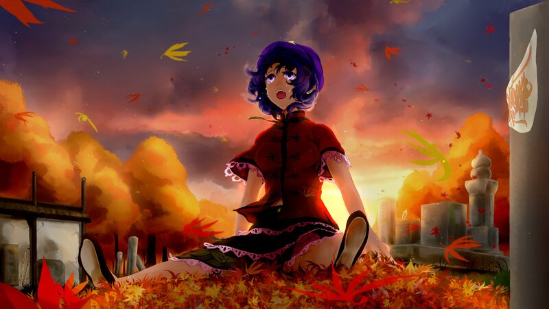 Anime girl in autumn graveyard
