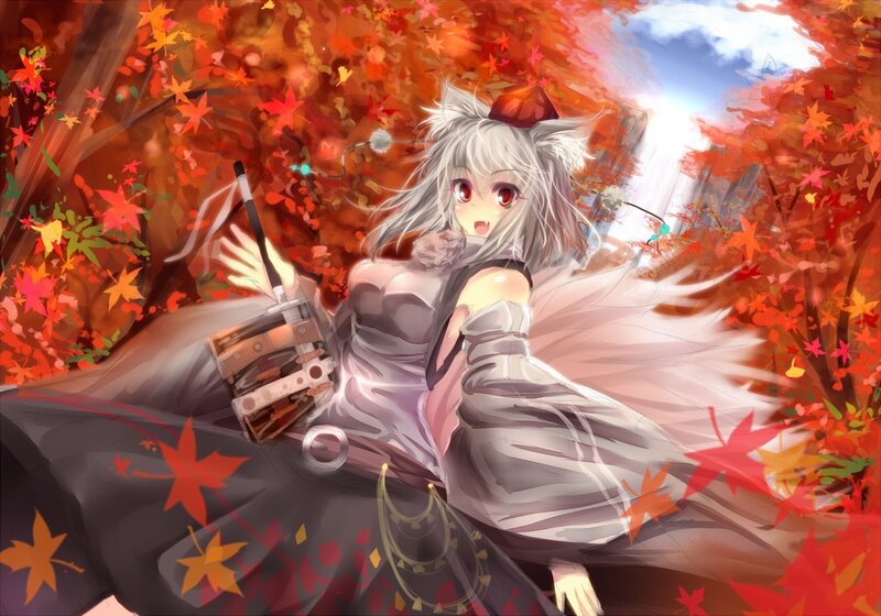 Anime girl in autumn leaves