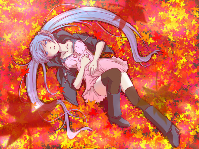 Anime Girl in Autumn Leaves — Red, Serene