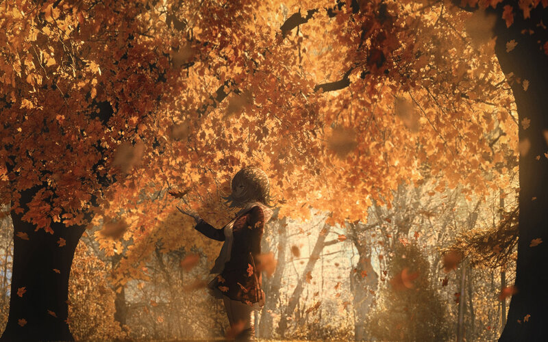 Anime Girl in Autumn — Orange, Serene, Digital Art, Trees