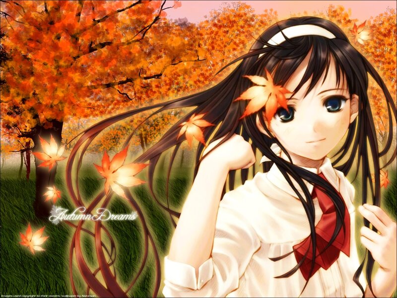 Anime Girl in Autumn — Orange, Serene, Maple Leaves, School Uniform