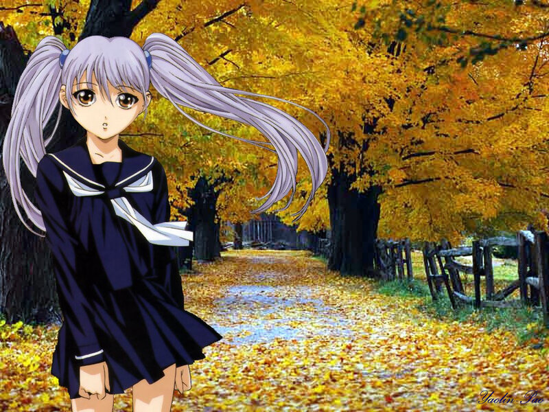 Anime girl in autumn park