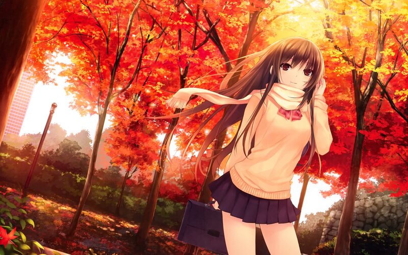 Anime girl in autumn park