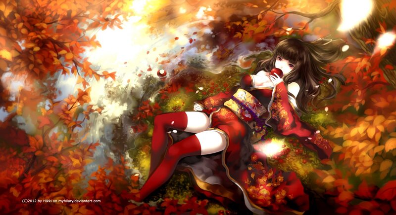 Anime Girl in Autumn — Red, Serene, Digital Art, Fallen Leaves