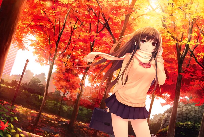 Anime Girl in Autumn — Red, Serene, Digital Art