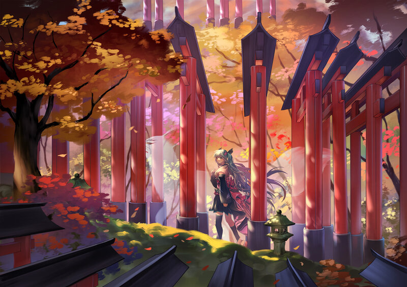 Anime Girl in Autumn — Red, Serene, Digital Art, Torii Gates