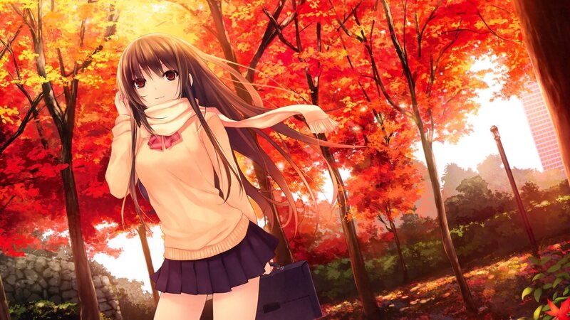 Anime Girl in Autumn — Red, Serene, Scarf, School Uniform, Trees