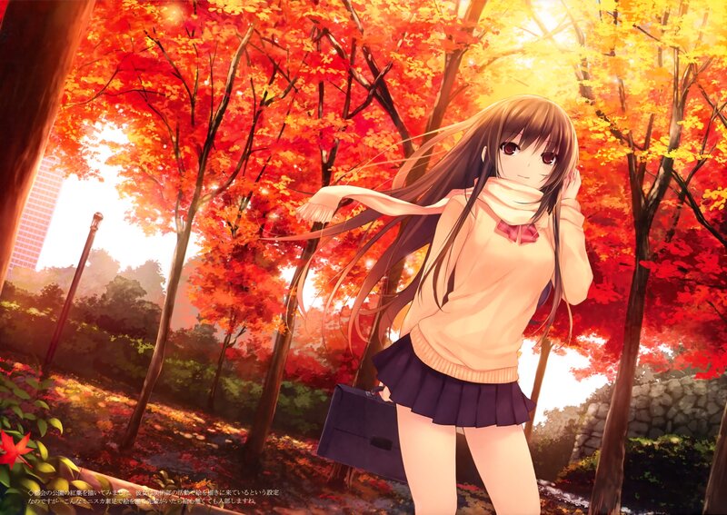 Anime Girl in Autumn — Red, Serene, Scarf