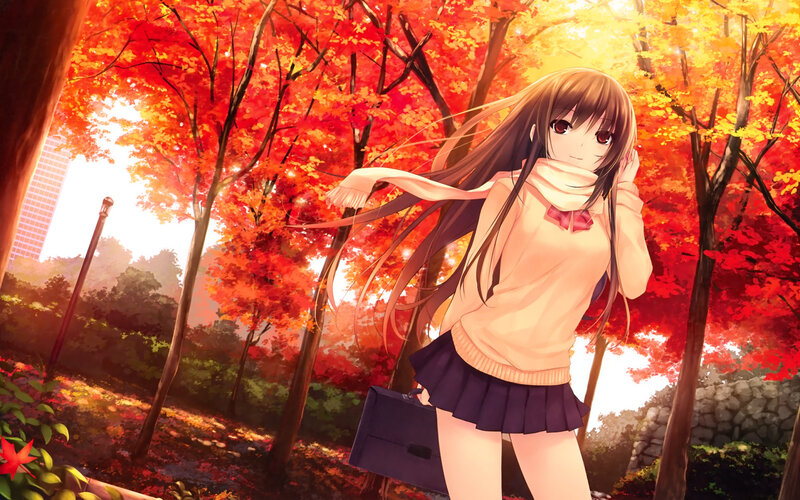 Anime Girl in Autumn — Red, Serene, Scarf, Trees