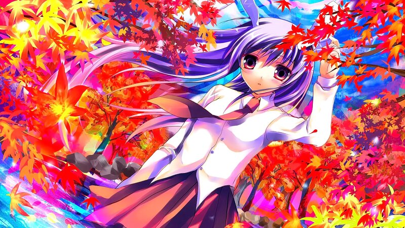 Anime Girl in Autumn — Red, Vibrant, Maple Leaves