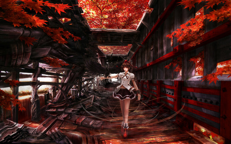 Anime girl in autumn ruins