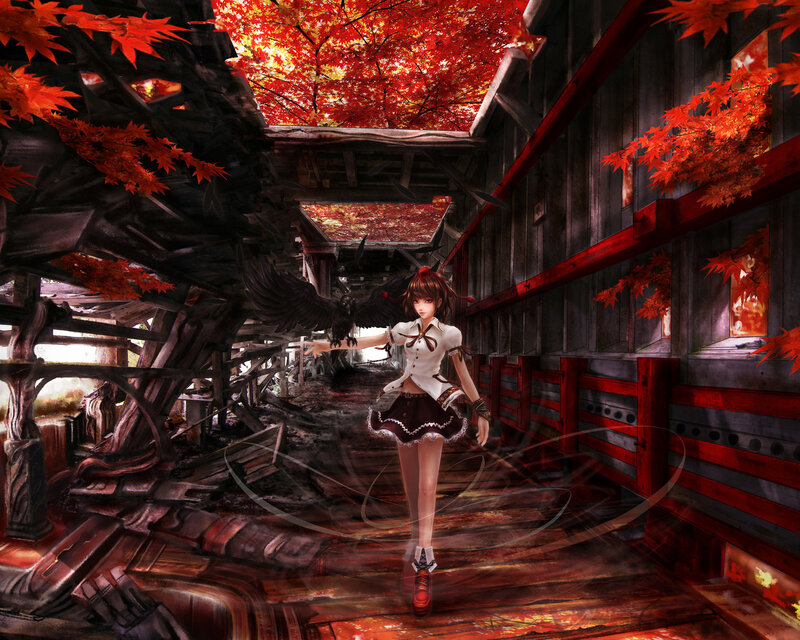 Anime girl in autumn ruins