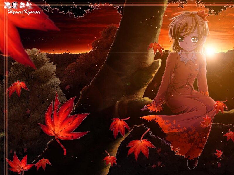 Anime girl in autumn sunset