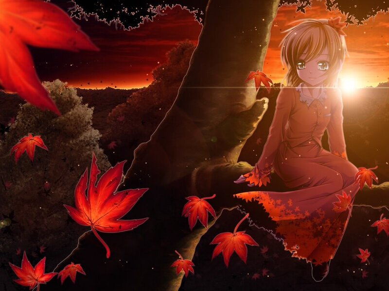 Anime girl in autumn sunset