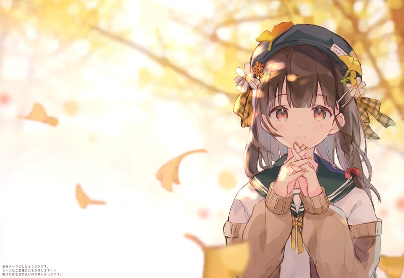 Anime Girl in Autumn — Yellow, Serene, Digital Art, Falling Leaves
