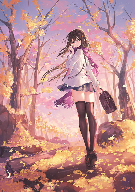 Anime Girl in Autumn — Yellow, Serene, Digital Art
