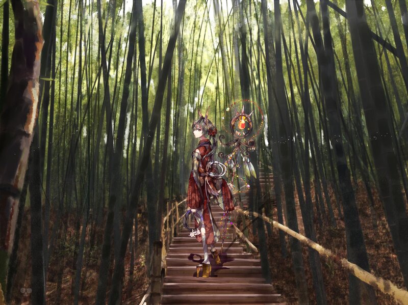 Anime Girl in Bamboo Forest — Green, Serene, Afternoon
