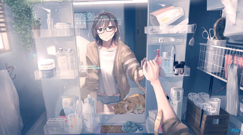Anime Girl in Bathroom — Blue, Calm, Morning, Digital Art