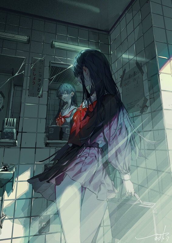 Anime Girl in Bathroom — Blue, Dramatic, Night