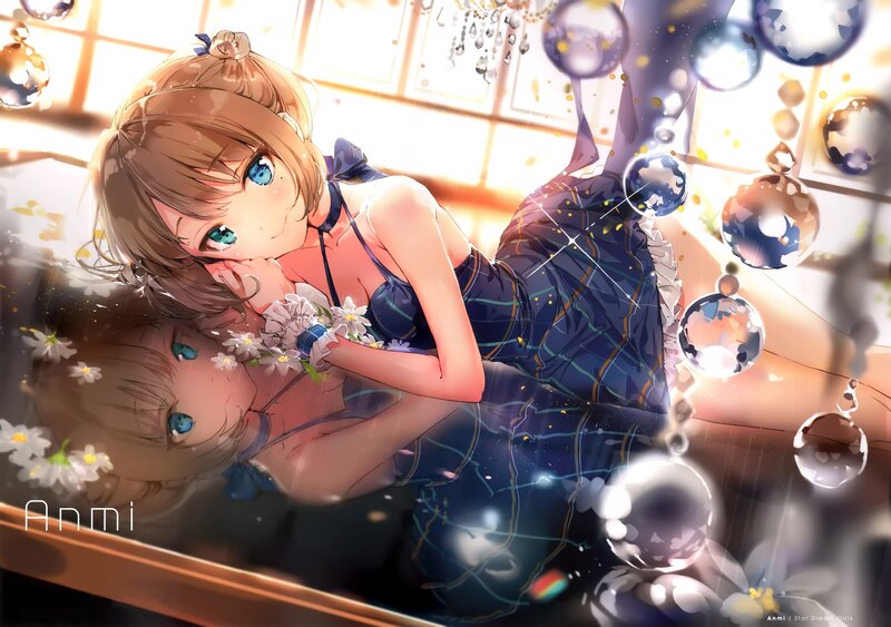 Anime Girl in Bathtub — Blue, Serene, Afternoon, Digital Art, Bubbles