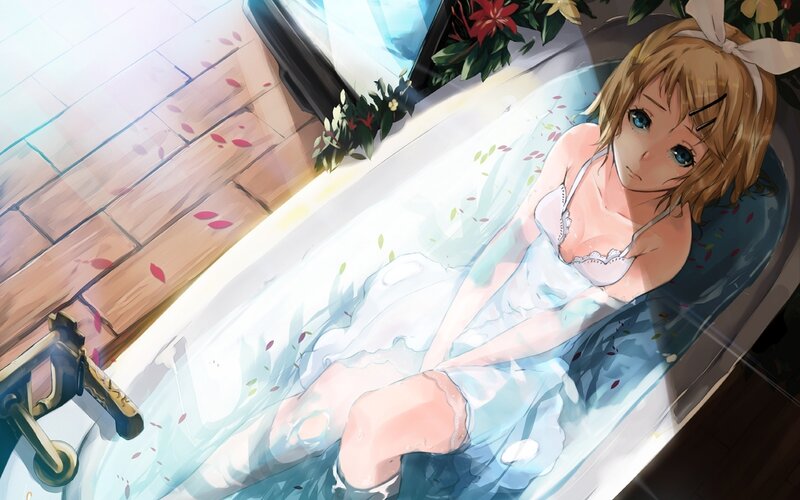 Anime Girl in Bathtub — Blue, Serene, Afternoon