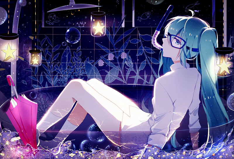 Anime Girl in Bathtub — Blue, Serene, Night, Digital Art