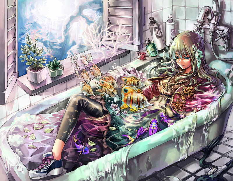 Anime Girl in Bathtub — Purple, Dreamy