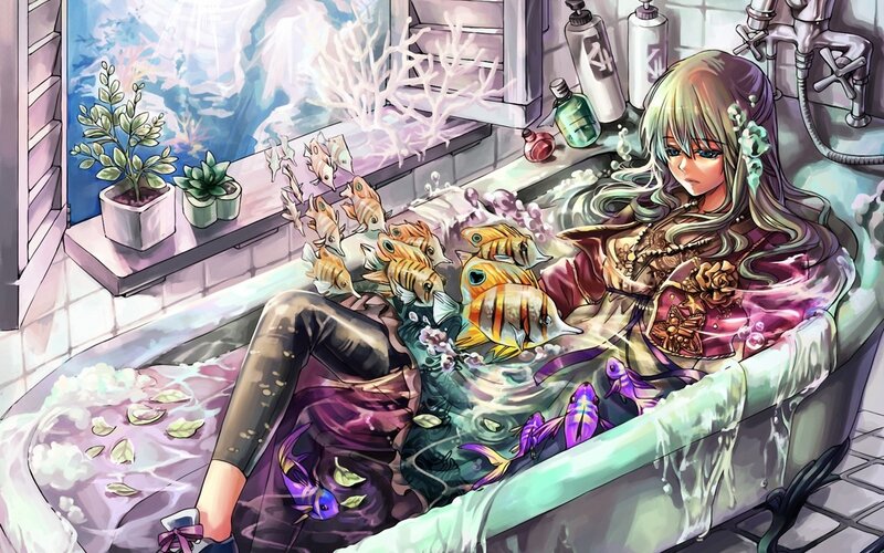 anime girl in bathtub with fish