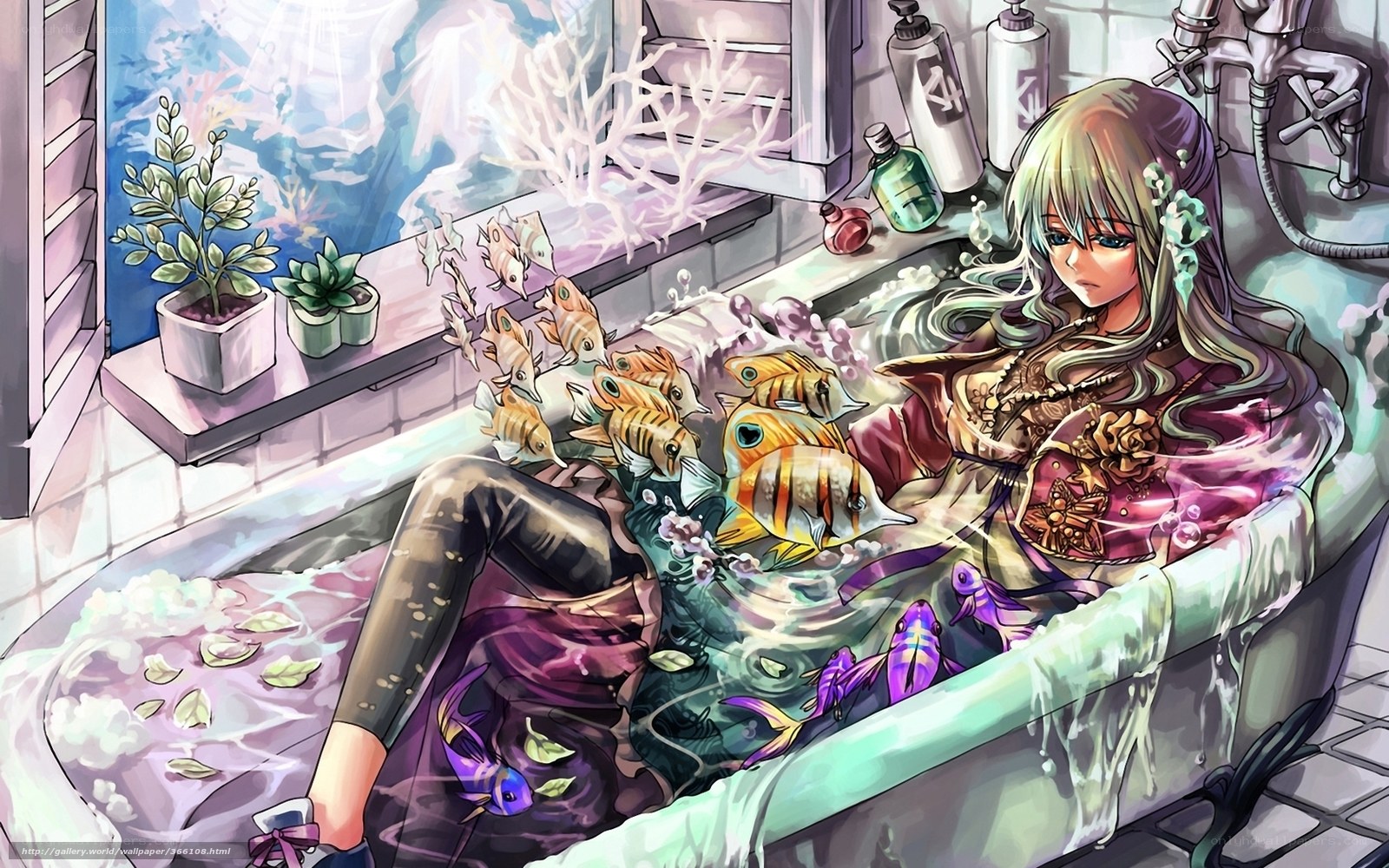 Anime girl in bathtub with fish