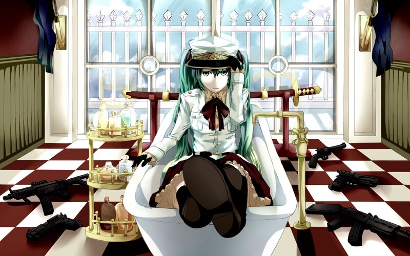 anime girl in bathtub with guns