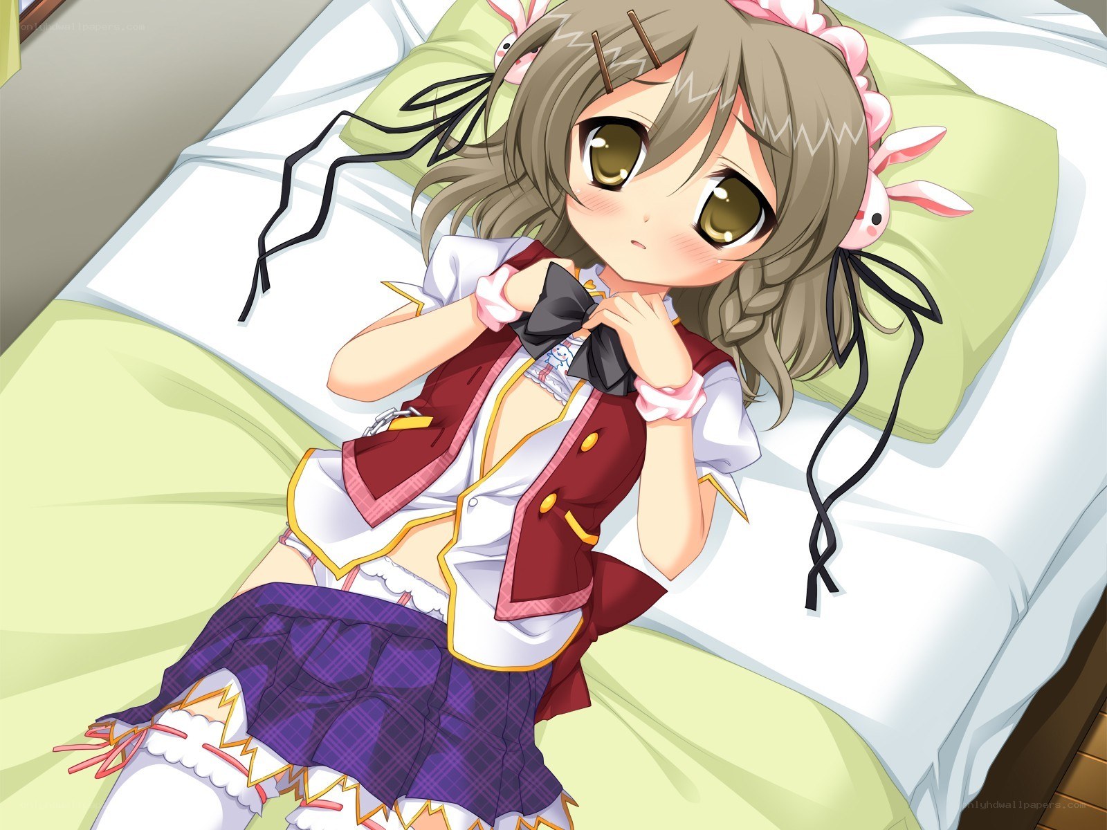 anime girl in bed adjusting bow