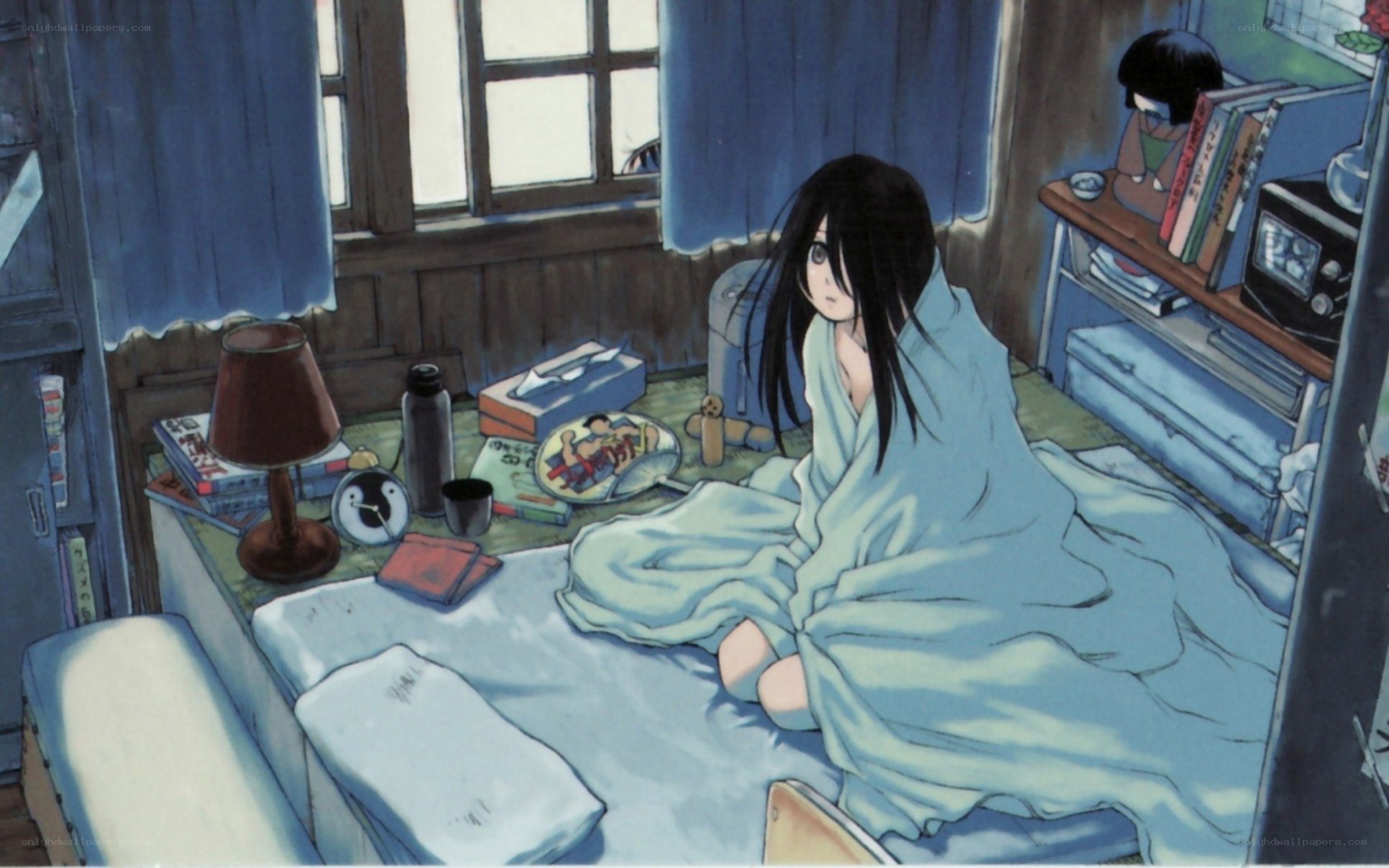 anime girl in bed at dawn