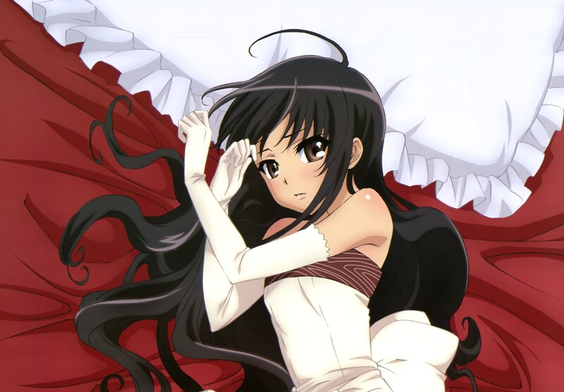 Anime Girl in Bed — Black, Calm, Pillow, Dress