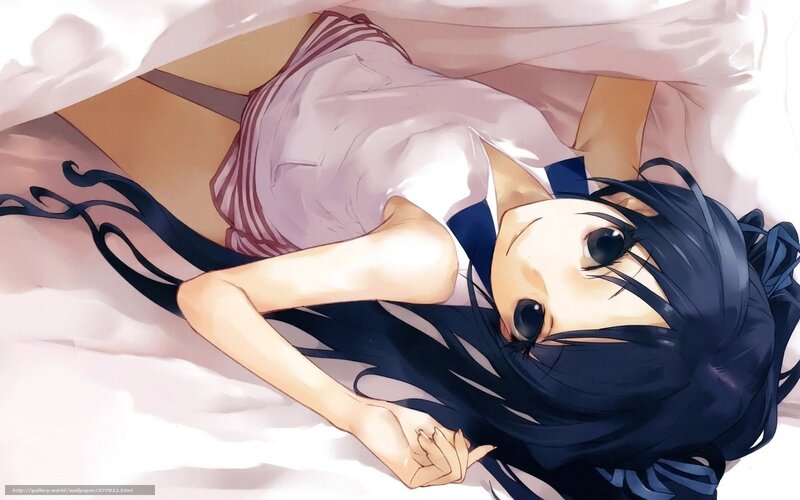 Anime Girl in Bed — Black, Calm, School Uniform, Long Hair