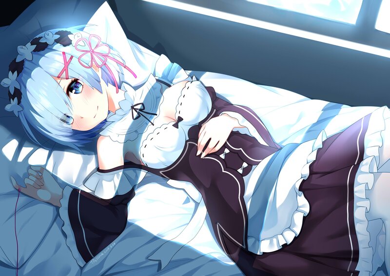 Anime Girl in Bed — Blue, Calm, Morning, Digital Art