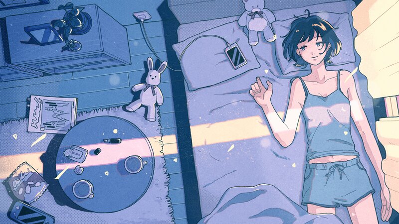 Anime Girl in Bed — Blue, Calm, Night, Digital Art, Stuffed Rabbit