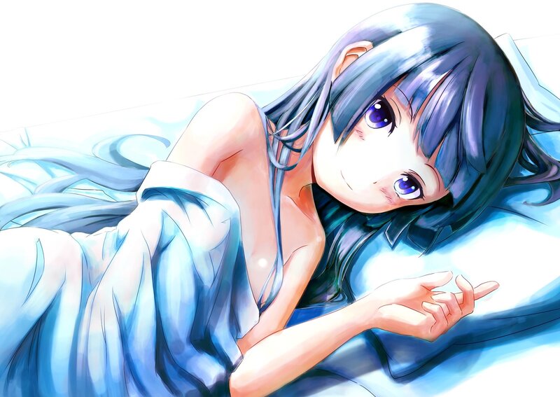 Anime Girl in Bed — Blue, Calm, Pillow, Blue Hair