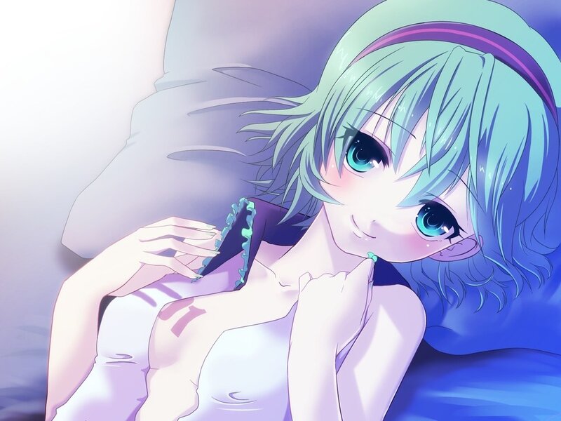 Anime Girl in Bed — Blue, Calm, Pillow, Headband