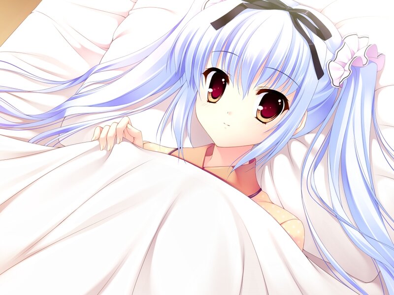 Anime Girl in Bed — Blue, Calm, Pillow