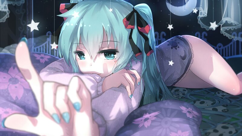 Anime Girl in Bed — Blue, Dreamy, Night