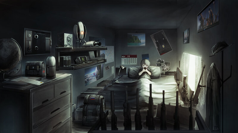 Anime Girl in Bed — Gray, Dramatic