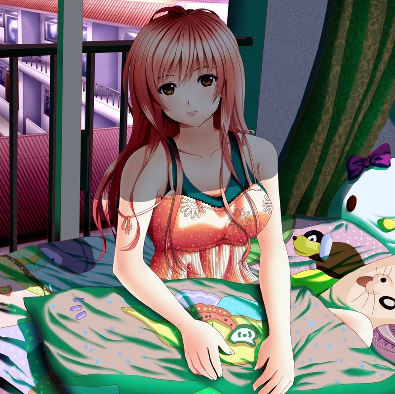Anime Girl in Bed — Green, Calm