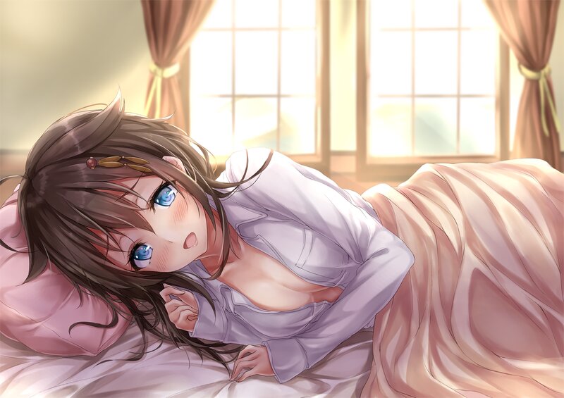Anime Girl in Bed — Pink, Calm, Morning, Digital Art