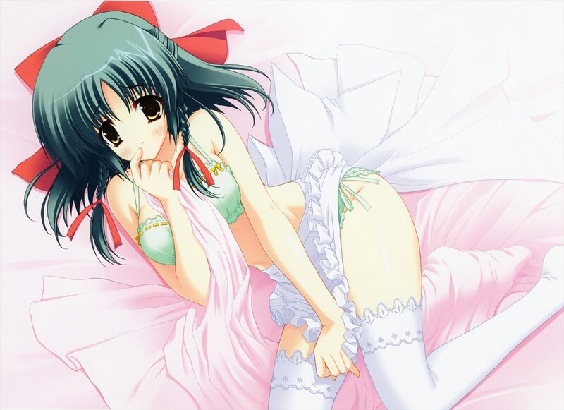 Anime Girl in Bed — Pink, Calm, Pillow, Underwear, White