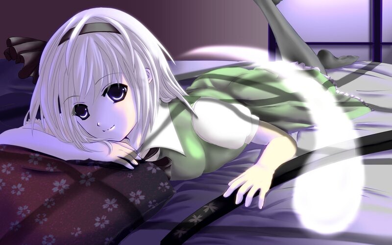 Anime Girl in Bed — Purple, Calm, Night, Digital Art