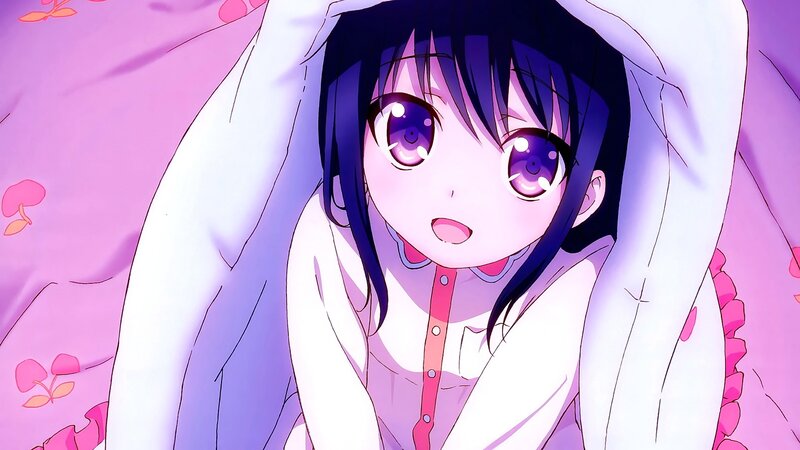 Anime Girl in Bed — Purple, Calm, Pillow, Eyes