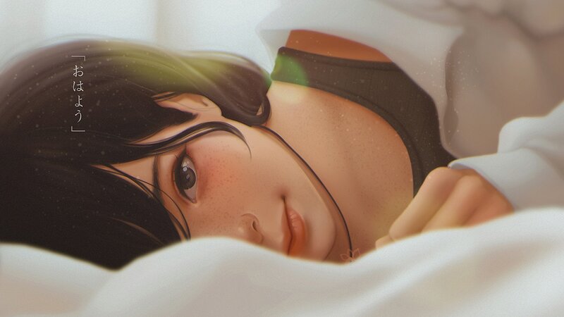 Anime Girl in Bed — White, Calm, Morning, Digital Art, Pillow, Text