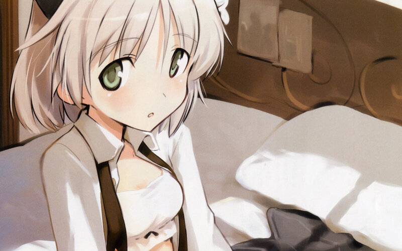 Anime Girl in Bed — White, Calm, Morning, Pillow, Cat Ears